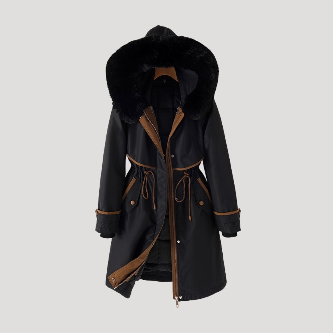 Women’s Longline Parka with Detachable Faux Fur Hood Trim – Adjustable Drawstring Waist and Quilted Lining for Winter Layering