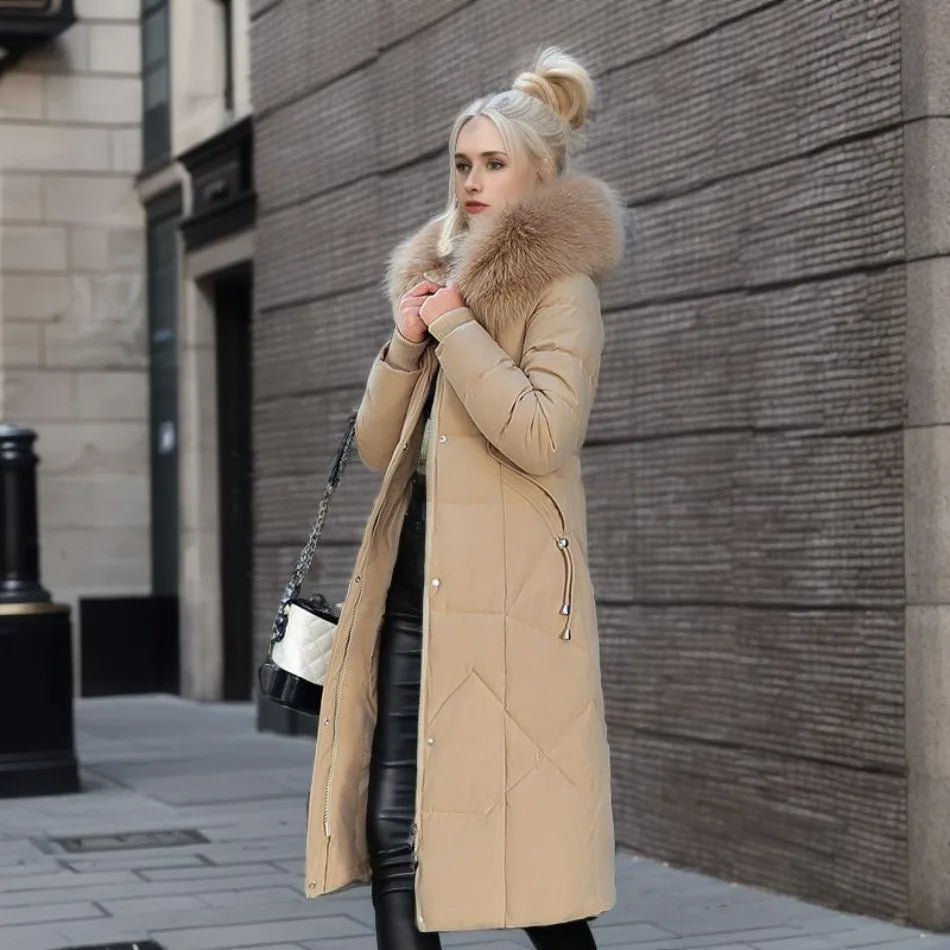 Women's Longline Quilted Puffer Winter Coat with Oversized Fur-Trimmed Hood and Adjustable Waist – Warm Padded Maxi Jacket for Elegant Casual Cold Weather Outfits and Everyday Winter Layering