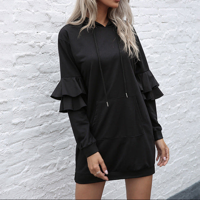 Women's Oversized Hooded Sweatshirt Mini Dress – Relaxed Long Sleeve Ruffle Detail Hoodie Dress with Drawstrings and Kangaroo Pocket for Casual Autumn and Winter Wear