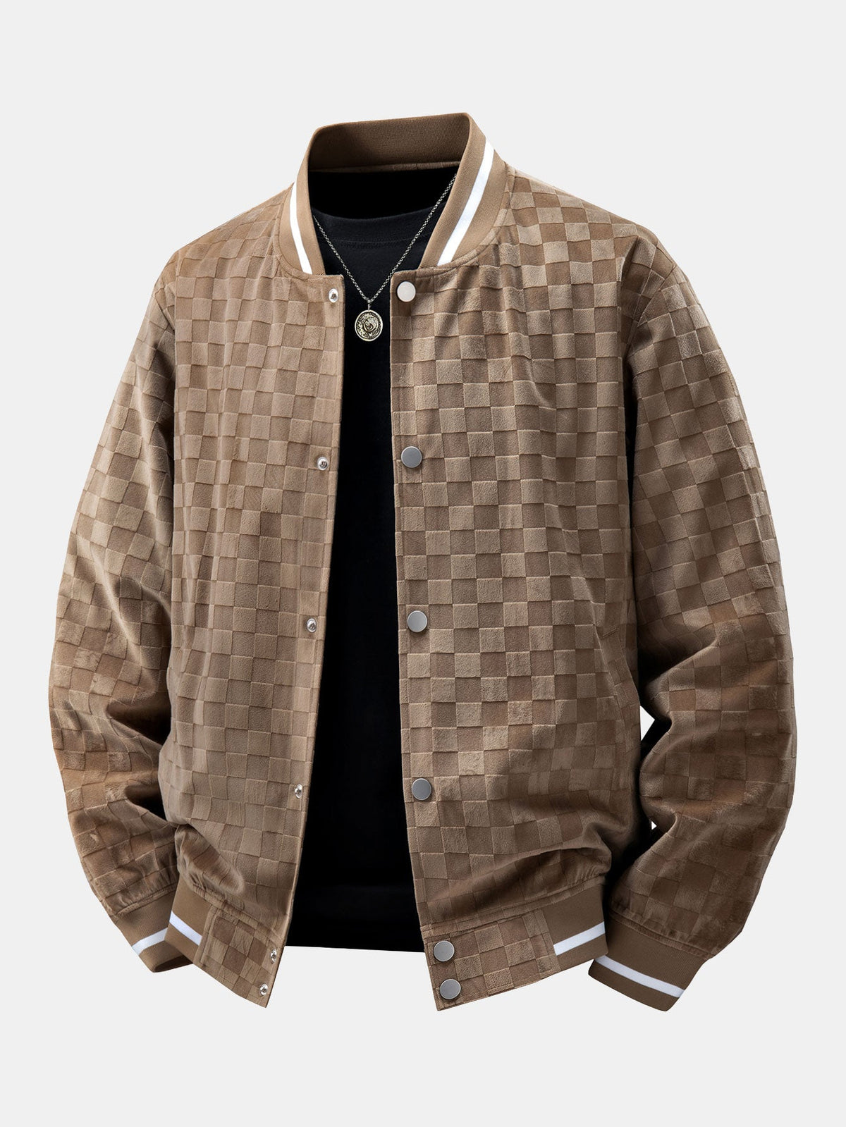 Men's Checkerboard Faux Suede Varsity Bomber Jacket – Relaxed Snap-Button Baseball Style Outerwear for Casual Streetwear