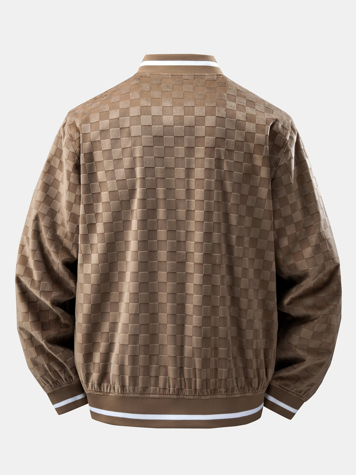 Men's Checkerboard Faux Suede Varsity Bomber Jacket – Relaxed Snap-Button Baseball Style Outerwear for Casual Streetwear