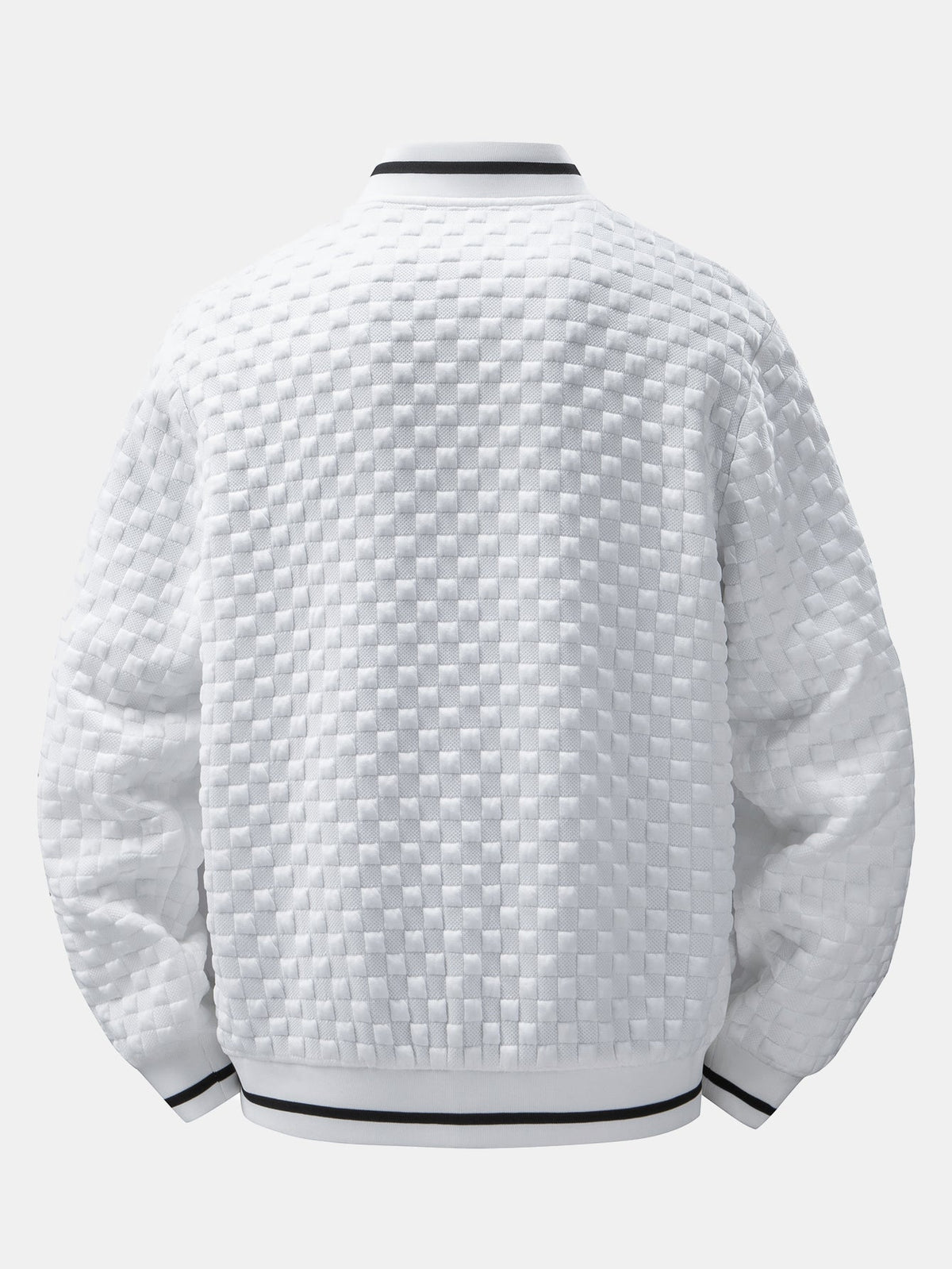 Men's Textured Checkerboard Jacquard Bomber Jacket – Classic Zip-Up Baseball Style Outerwear with Striped Ribbed Trims for Casual Streetwear