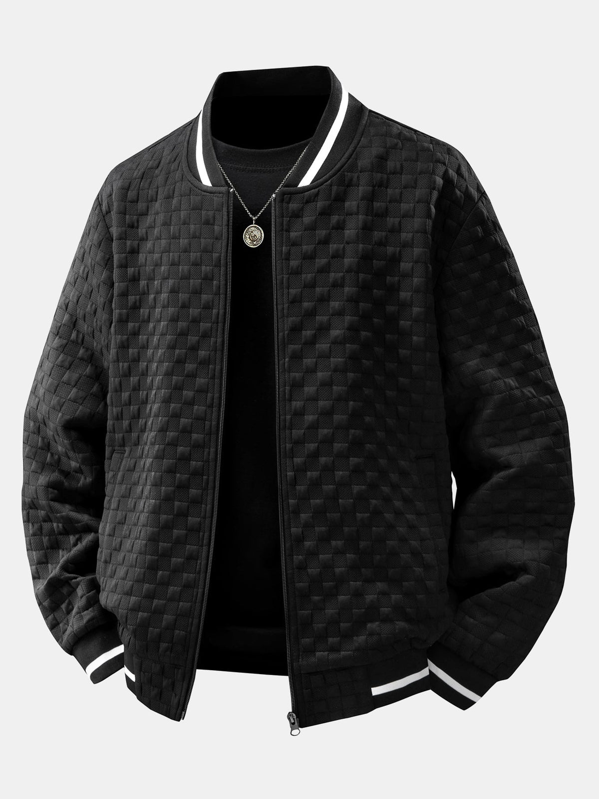 Men's Textured Checkerboard Jacquard Bomber Jacket – Classic Zip-Up Baseball Style Outerwear with Striped Ribbed Trims for Casual Streetwear