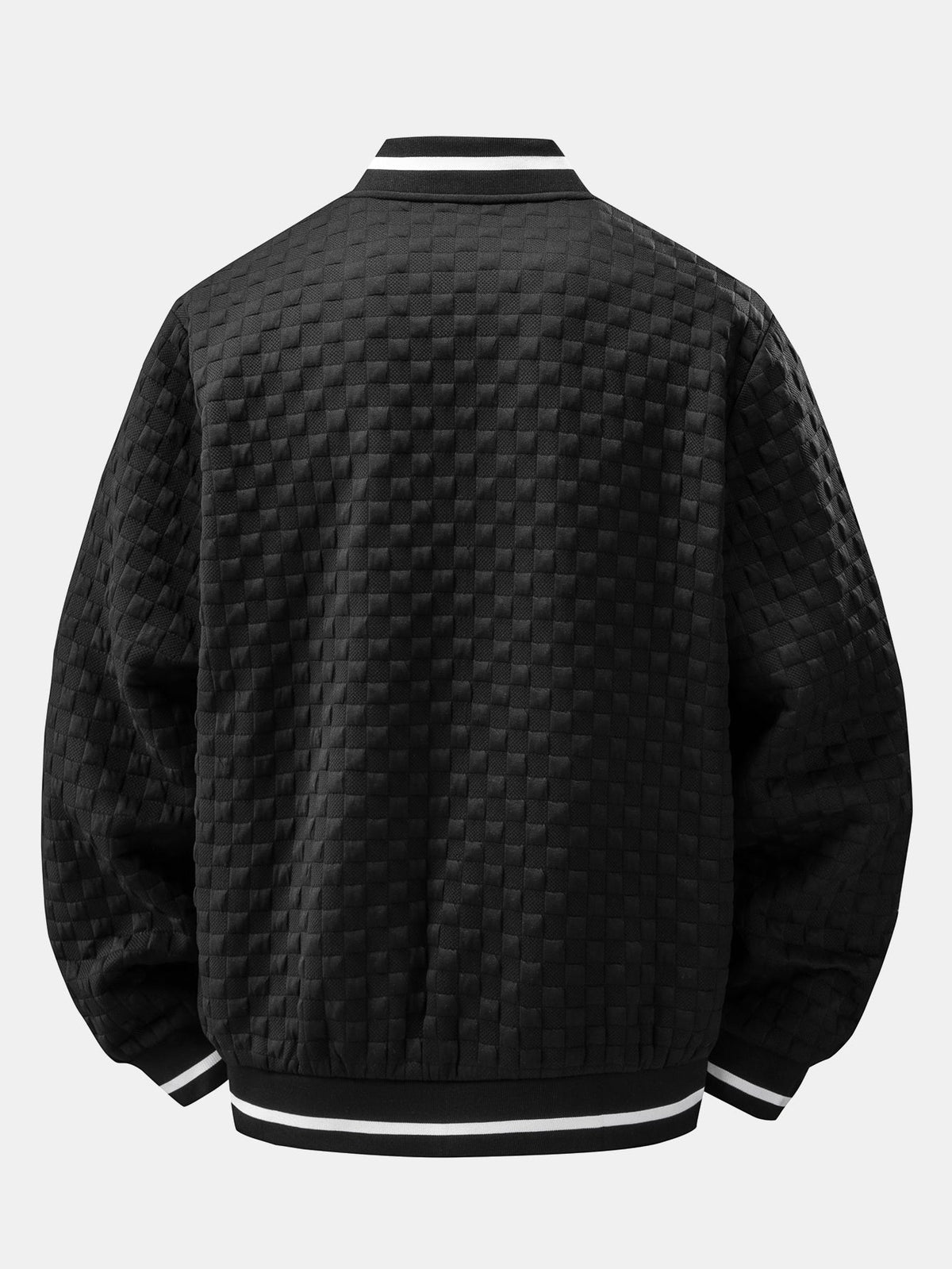 Men's Textured Checkerboard Jacquard Bomber Jacket – Classic Zip-Up Baseball Style Outerwear with Striped Ribbed Trims for Casual Streetwear