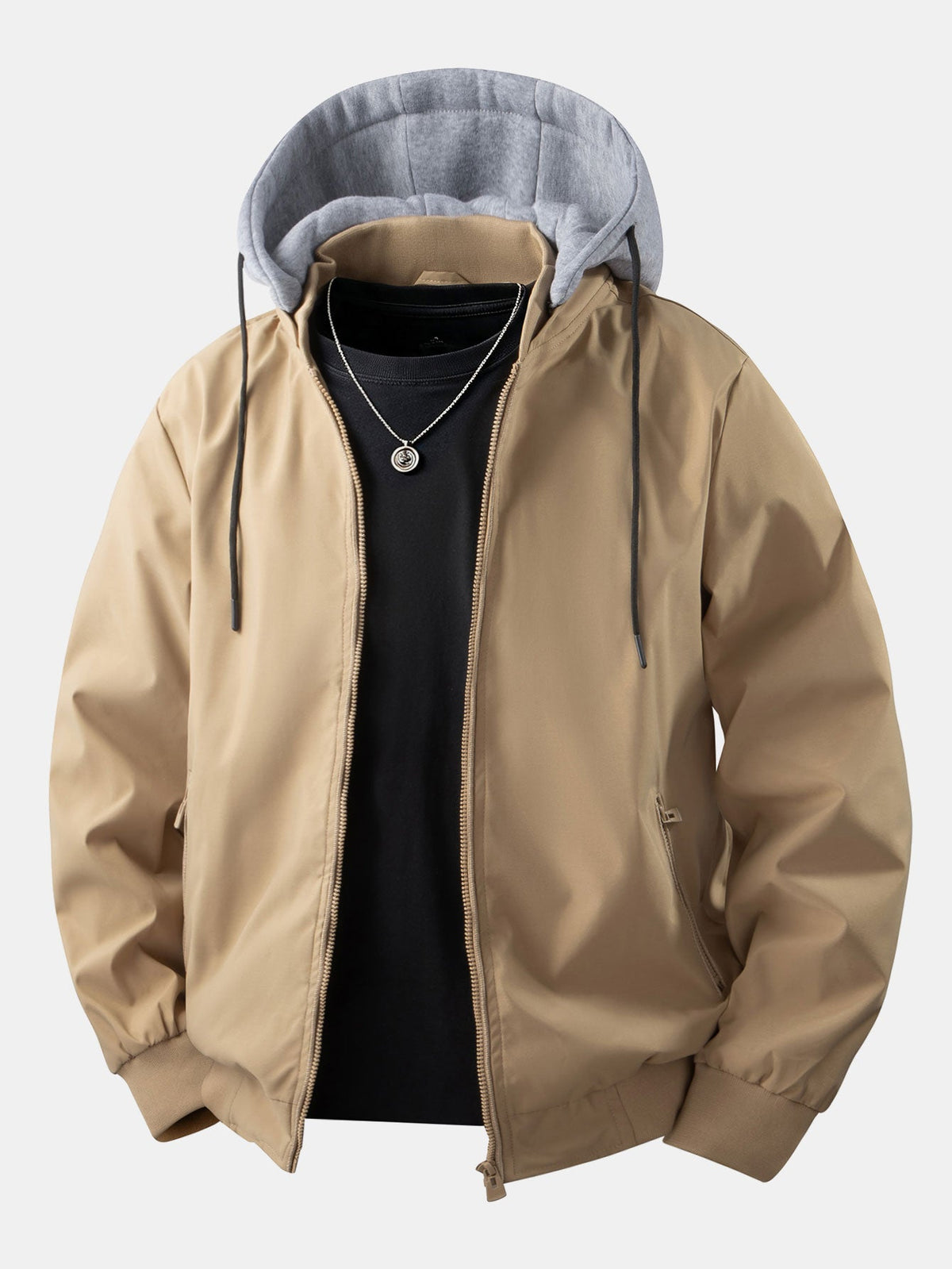 Men's Relaxed Hooded Bomber Jacket – Detachable Drawstring Hood with Zip-Up Front and Ribbed Trims for Casual Autumn Wear