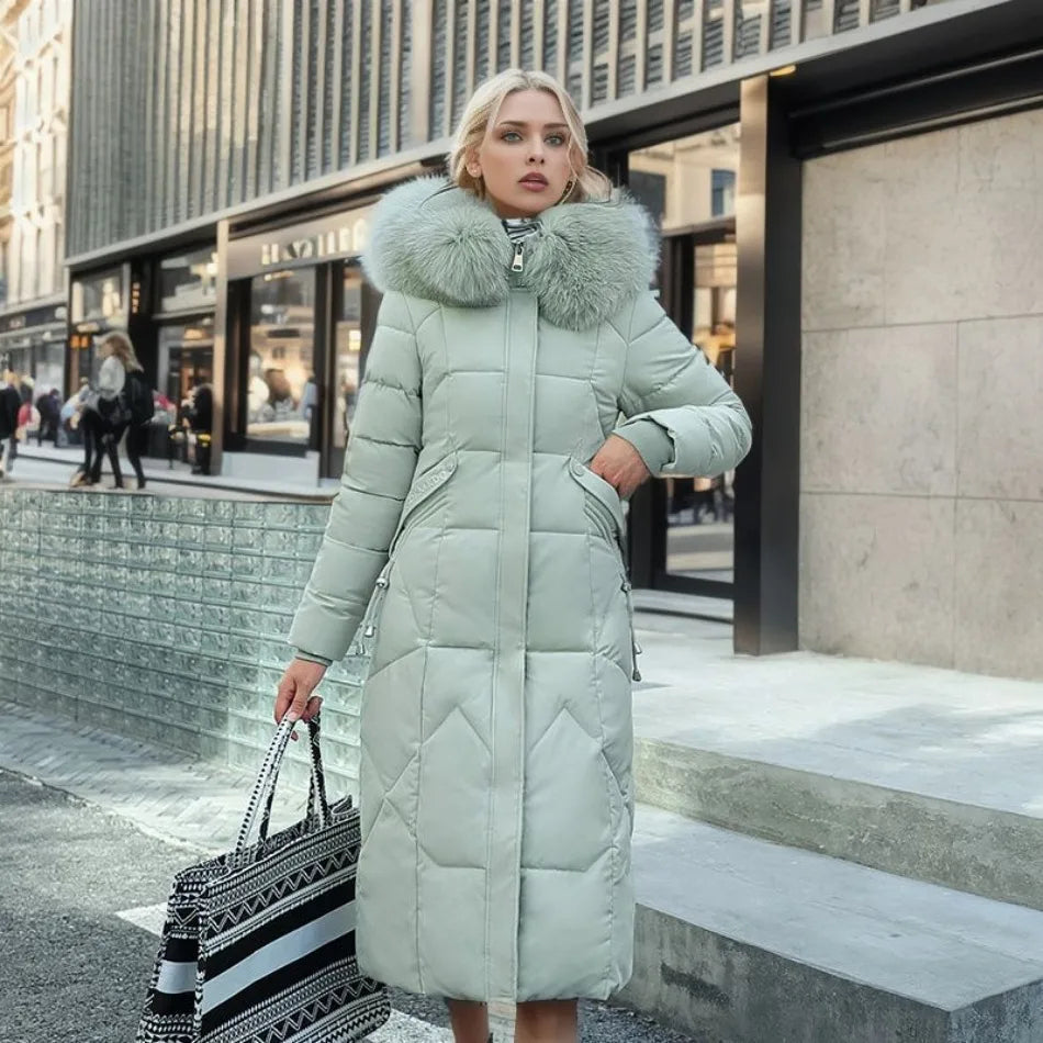 Women's Longline Quilted Puffer Winter Coat with Oversized Fur-Trimmed Hood and Adjustable Waist – Warm Padded Maxi Jacket for Elegant Casual Cold Weather Outfits and Everyday Winter Layering