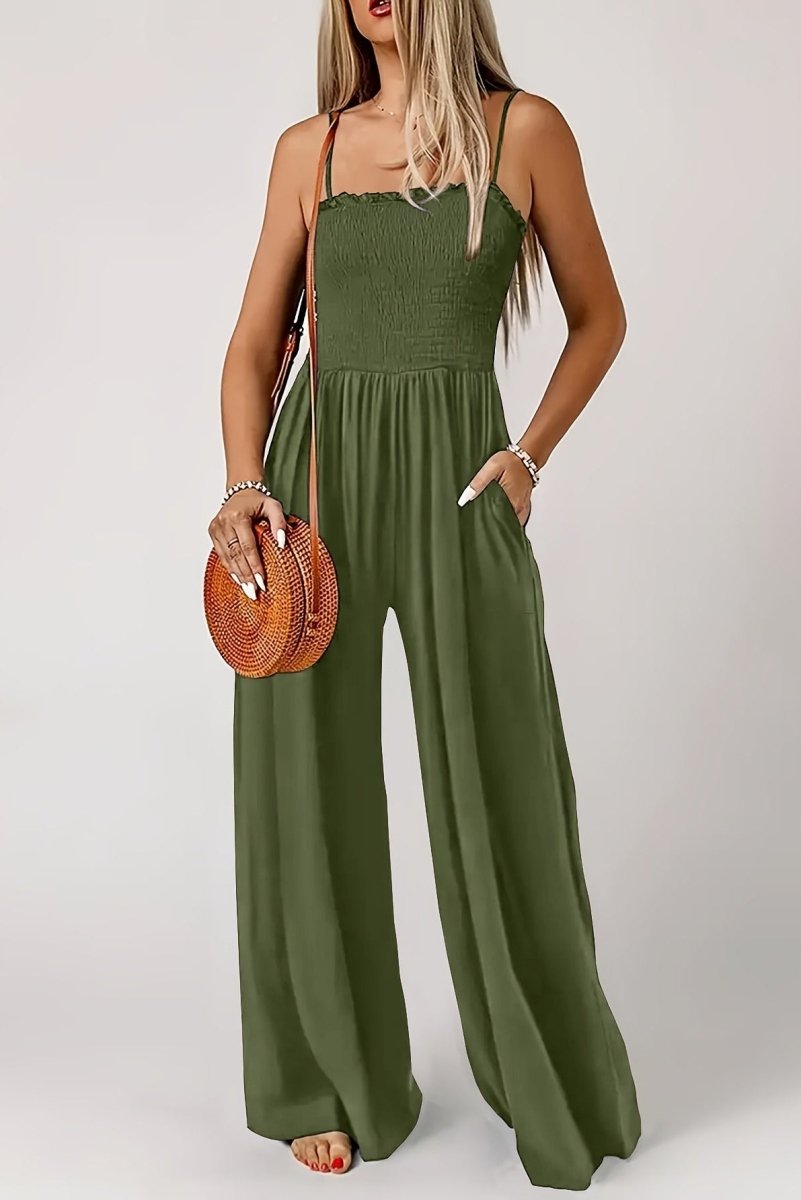 Women's Shirred Wide-Leg Jumpsuit with Spaghetti Straps – Relaxed Summer One-Piece for Holidays and Casual Wear
