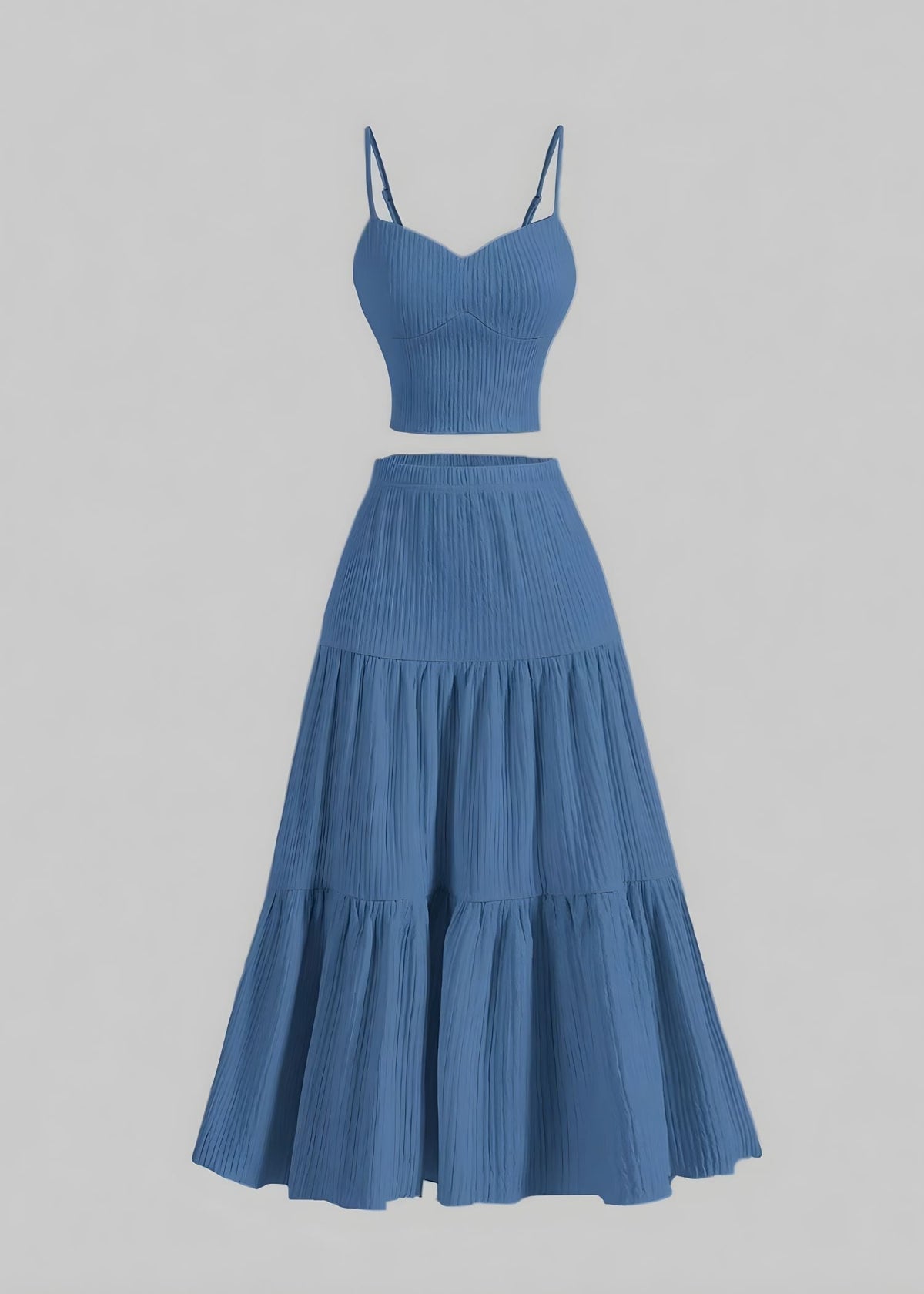 Women's Textured Knit Two-Piece Summer Set – Fitted Strappy Crop Top and Tiered High Waisted Maxi Skirt for Casual Holiday Wear