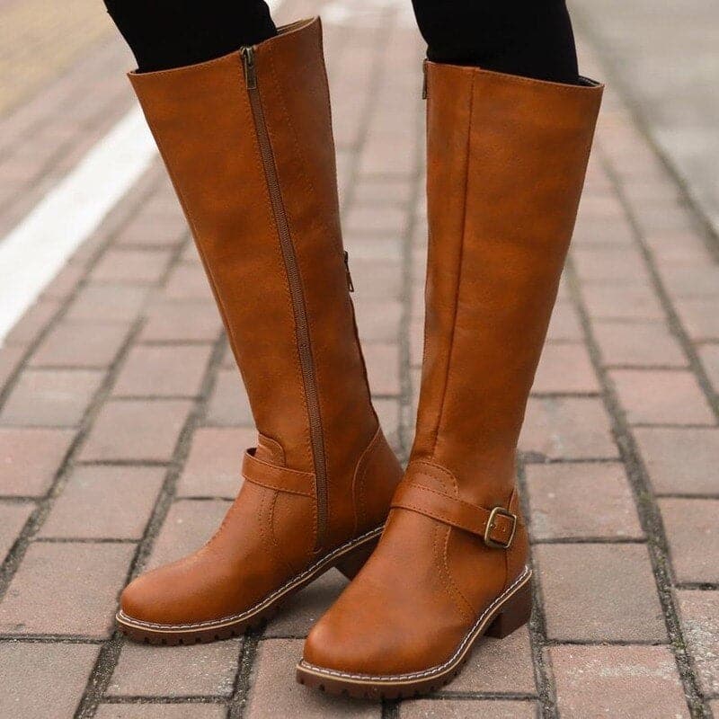 Women's Knee High Boots with Side Zip & Buckle Detail