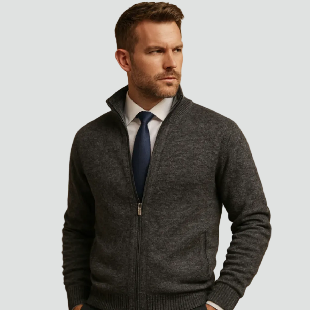 Men's Knitted Zip Cardigan with Stand Collar