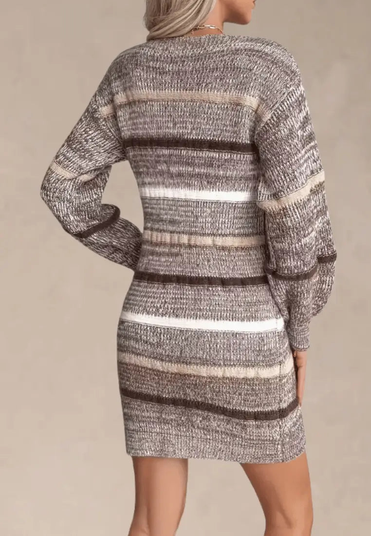 Women's Striped Ribbed Knit Mini Dress – Fitted Long Sleeve Crew Neck Sweater Dress for Autumn and Winter