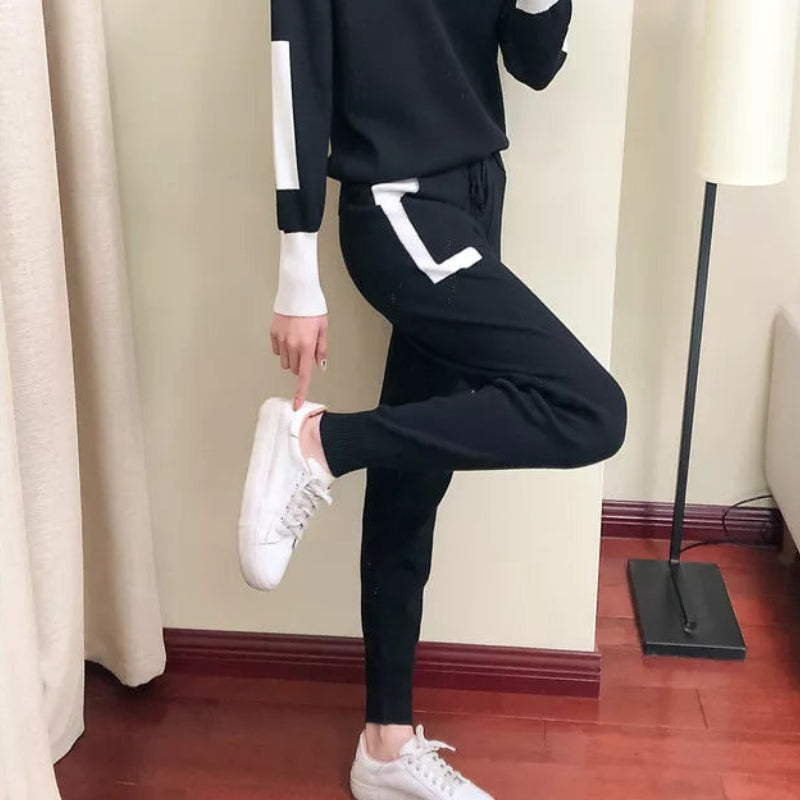 Women's Contrast Trim Long-Sleeve Top and Drawstring Trousers Set – Relaxed Two-Piece Casual Outfit for Everyday Wear