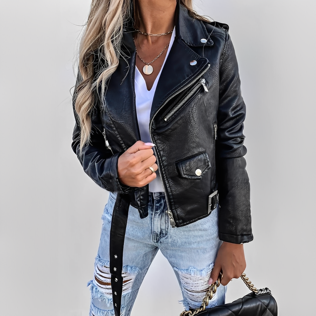 Women's Fitted Faux Leather Biker Jacket with Asymmetric Zip Fastening and Notched Lapel Collar – Cropped Motorcycle Style Outerwear with Adjustable Waist Belt and Zipped Pockets for Autumn and Spring Casual Streetwear