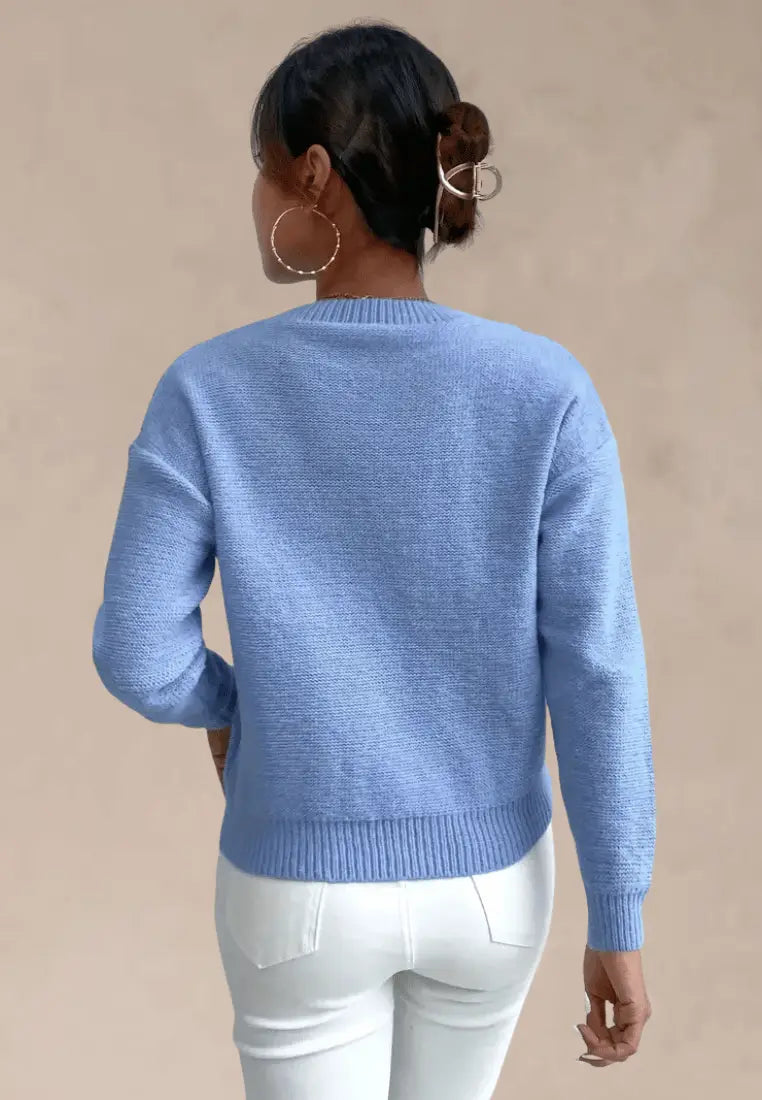 Women's Textured Cable Knit Sweater – Relaxed Crew Neck Long Sleeve Pullover for Autumn and Winter