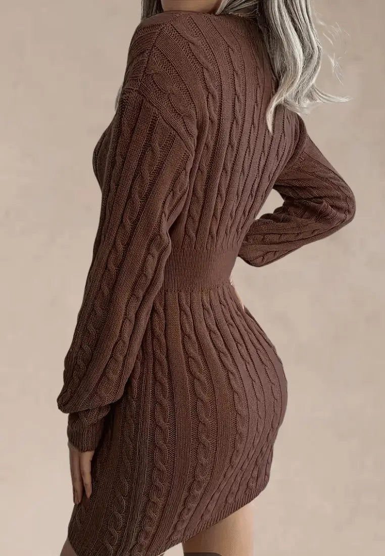 Women's Elegant Cable Knit V-Neck Mini Dress with Fitted Ribbed Waist and Long Sleeves – Soft Stretch Knitted Bodycon Sweater Dress with Textured Detailing for Smart Casual Autumn and Winter Occasion Wear