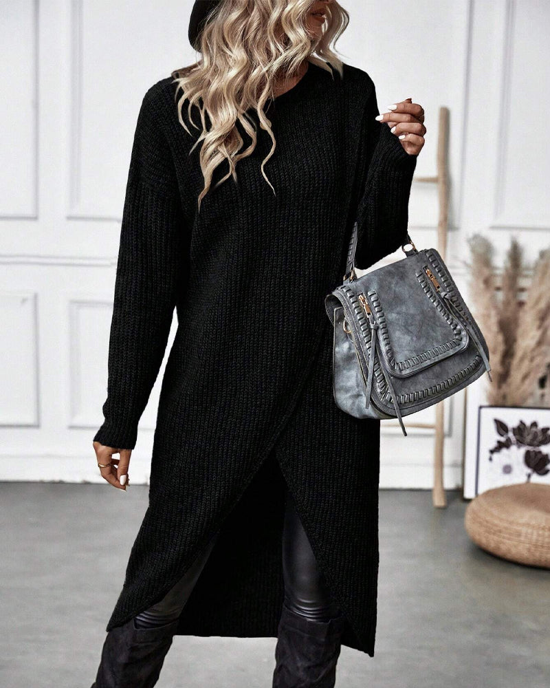 Women's Ribbed Sweater Dress with Side Slit Long Sleeve