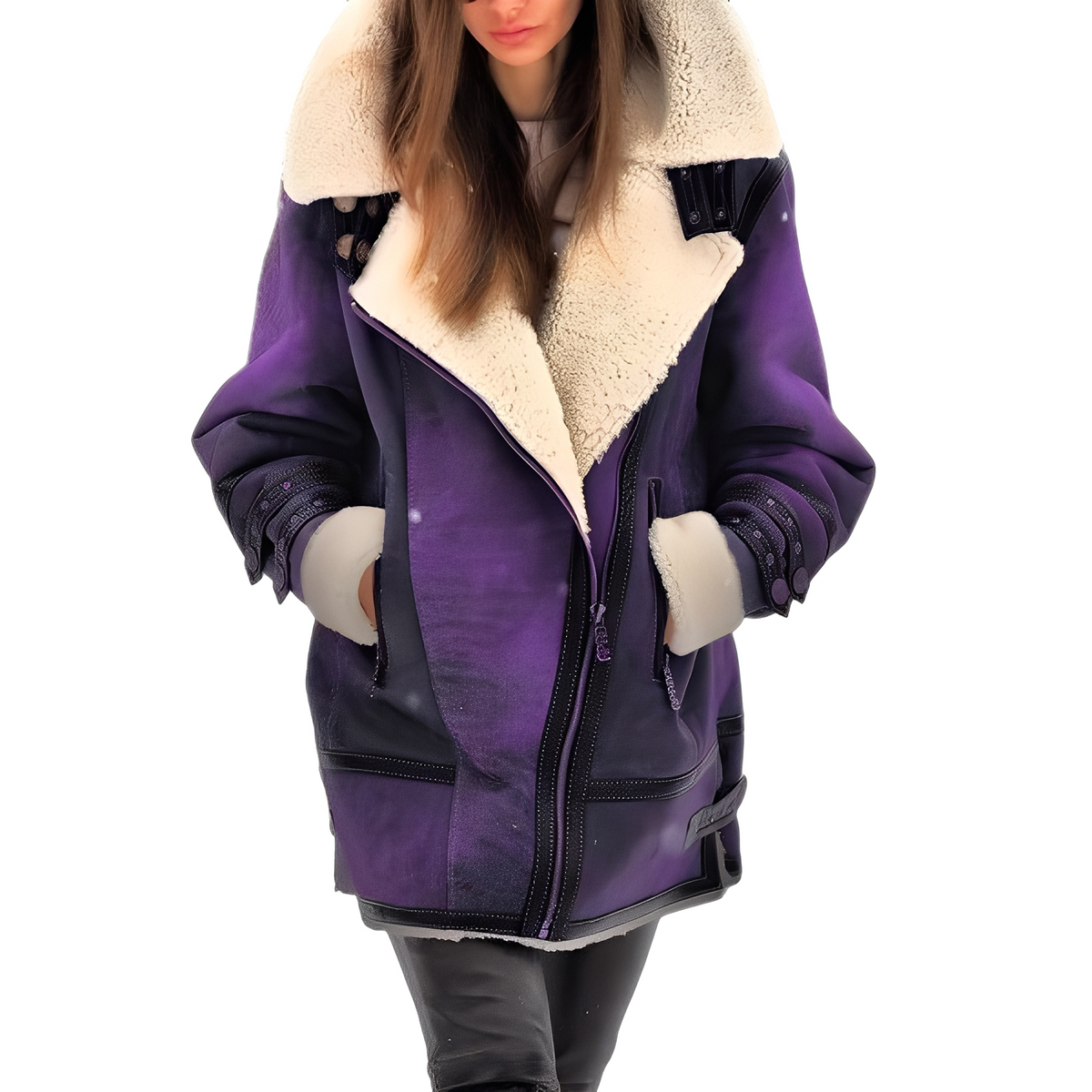 Women's Oversized Faux Shearling Aviator Winter Jacket with Plush Fur Lining and Wide Lapel Collar – Warm Leather Look Zip-Up Biker Outerwear with Relaxed Fit for Autumn and Winter Casual City Wear