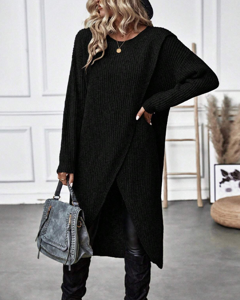Women's Ribbed Sweater Dress with Side Slit Long Sleeve