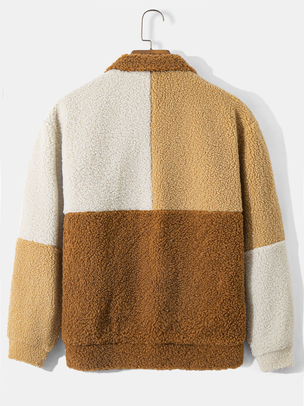 Men's Colour Block Teddy Fleece Jacket – Soft Zip-Up Borg Outerwear with Stand Collar and Relaxed Fit for Autumn and Winter