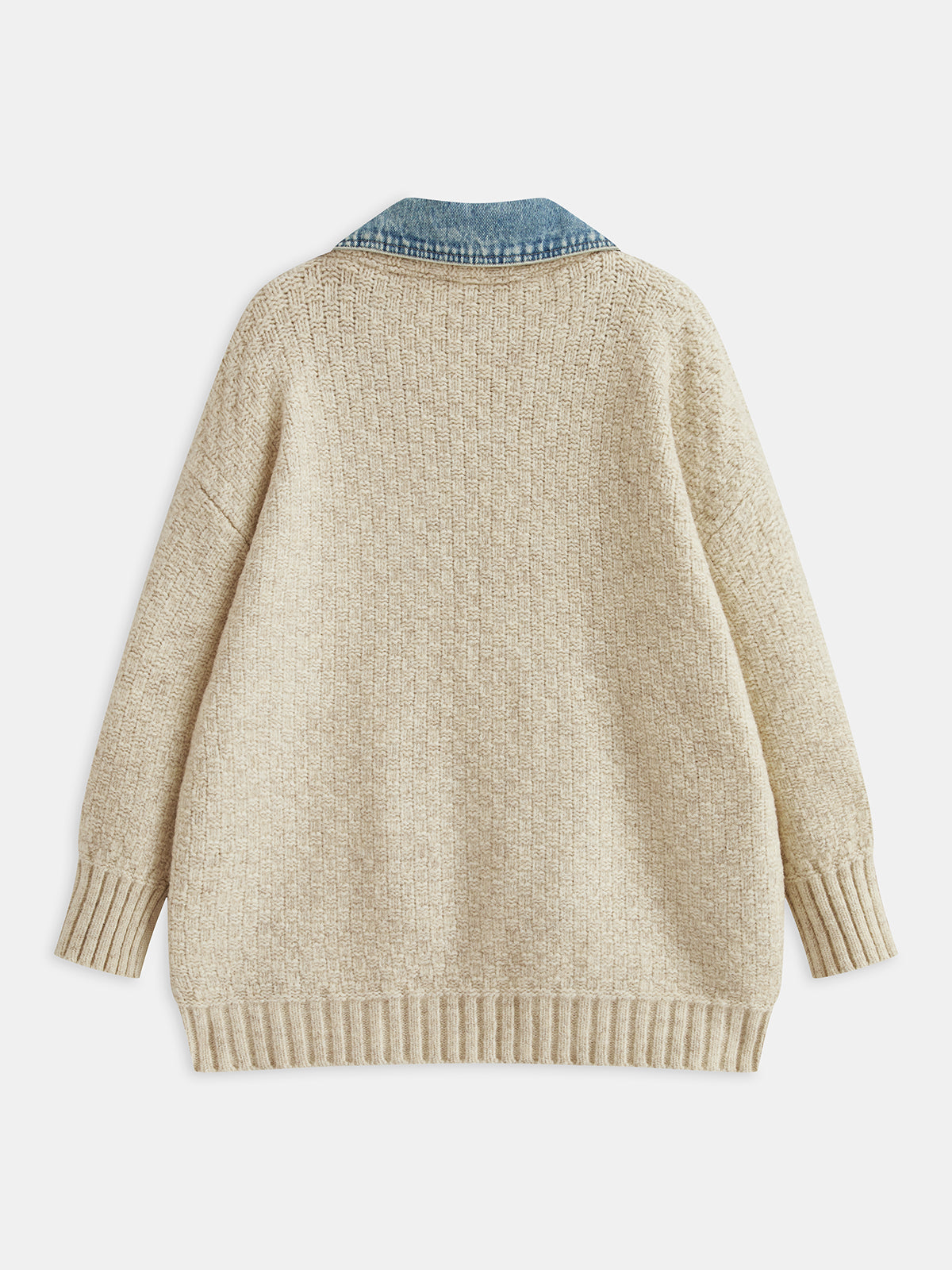 Women’s Oversized Textured Knit Cardigan with Denim Panels and Snap Buttons – Relaxed Long Sleeve Layer for Autumn and Winter