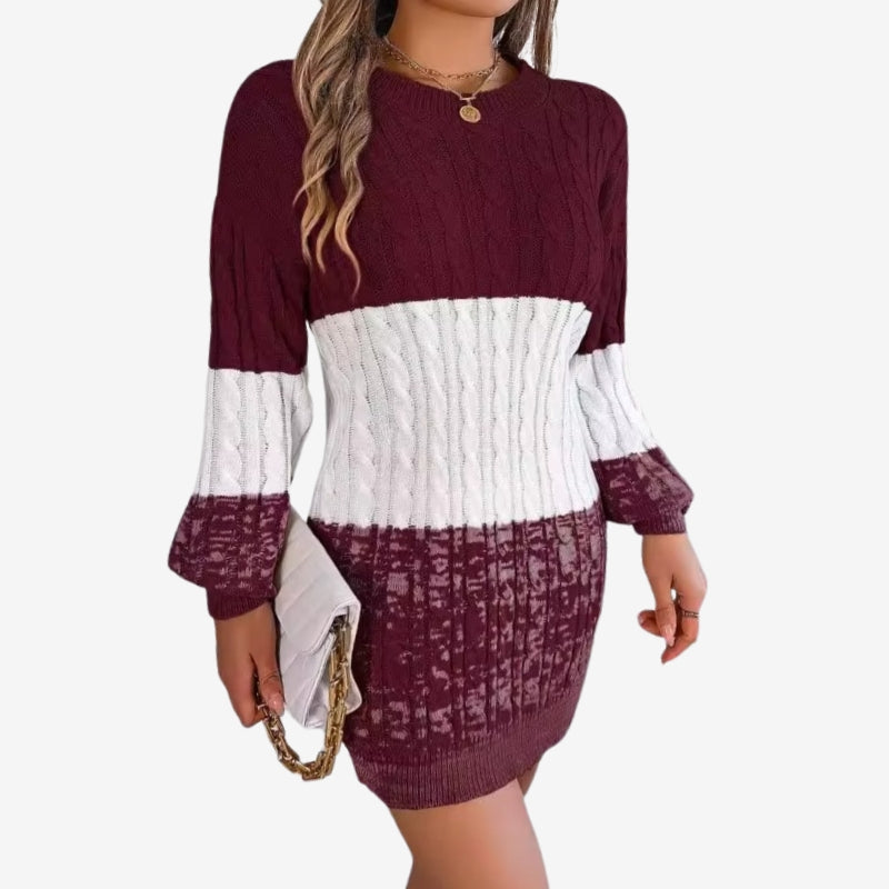 Women's Textured Cable Knit Mini Dress – Relaxed Long Sleeve Crew Neck Sweater Dress for Autumn and Winter