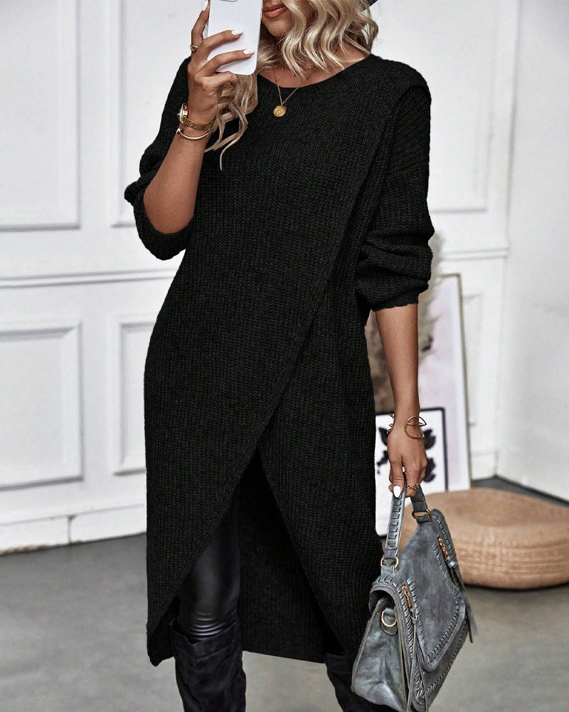 Women's Ribbed Sweater Dress with Side Slit Long Sleeve