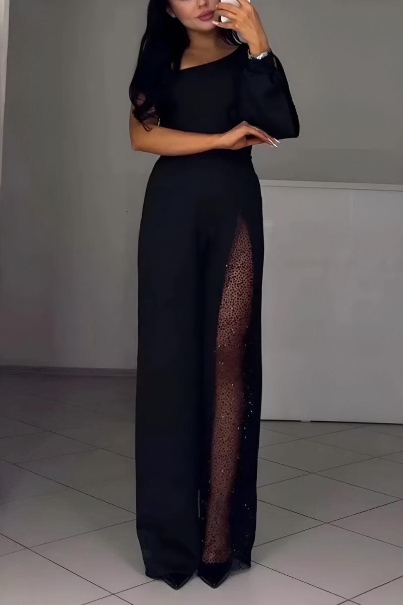 Women's One-Shoulder Wide-Leg Jumpsuit with Sheer Sequin Panel – Elegant Evening and Party Wear