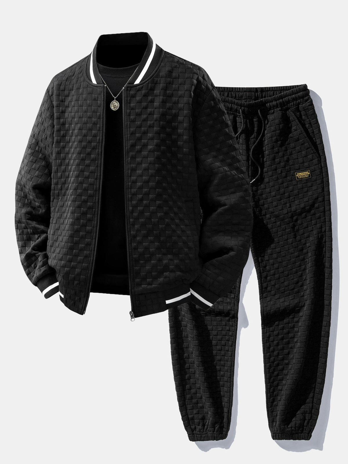 Men's Textured Jacquard Bomber Jacket and Jogger Set – Zip-Up Two-Piece Tracksuit for Casual Streetwear and Everyday Wear