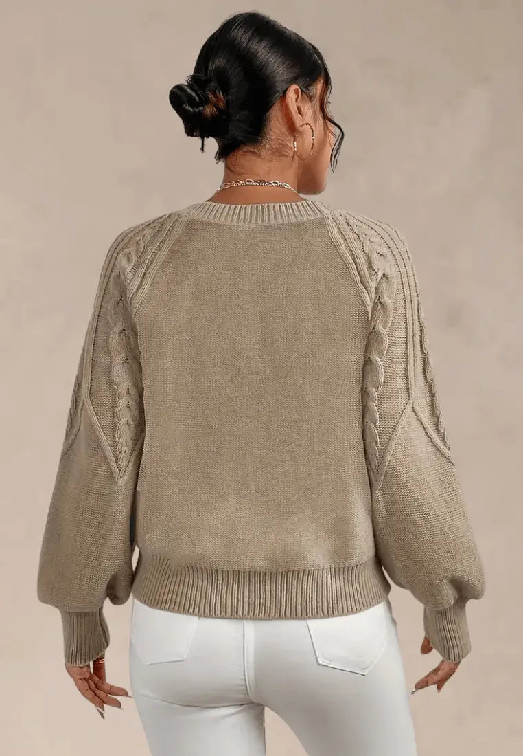 Women's Elegant Cable Knit Crew Neck Sweater with Puff Sleeves and Ribbed Cuffs – Relaxed Fit Textured Long Sleeve Knitted Pullover for Smart Casual Autumn and Winter Everyday Wear