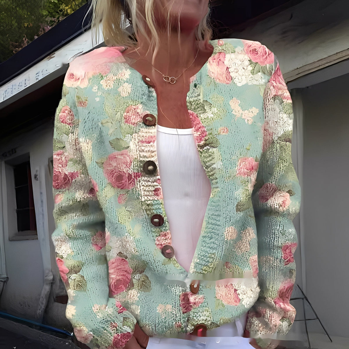 Women’s Soft Textured Printed Button Front Cardigan – Cosy Relaxed Knit Layer for Autumn and Winter