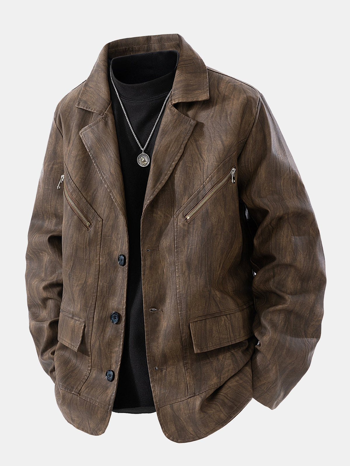 Men's Vintage Textured Faux Leather Jacket – Relaxed Notch Collar Button-Up Outerwear with Zipped Chest Pockets for Smart Casual Wear