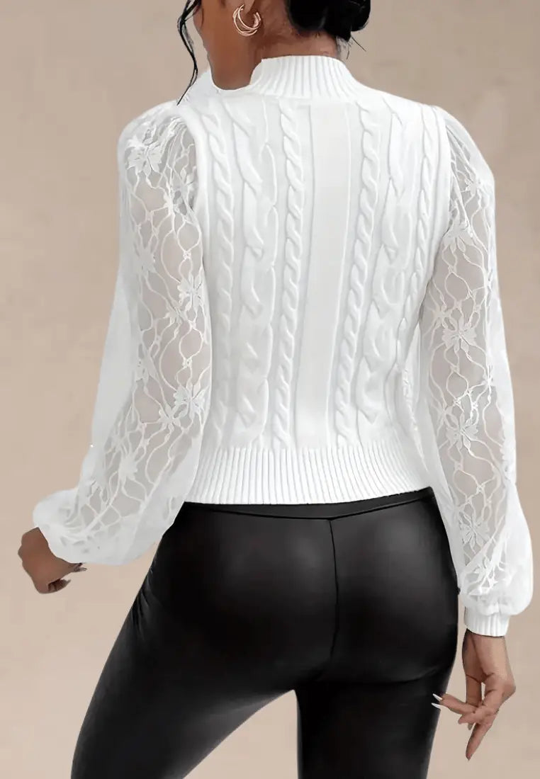Women's Elegant Cable Knit Sweater with Sheer Floral Lace Balloon Sleeves and High Ribbed Neck – Fitted Long Sleeve Knitted Pullover with Romantic Detailing for Smart Casual Office Wear and Autumn Evening Outfits