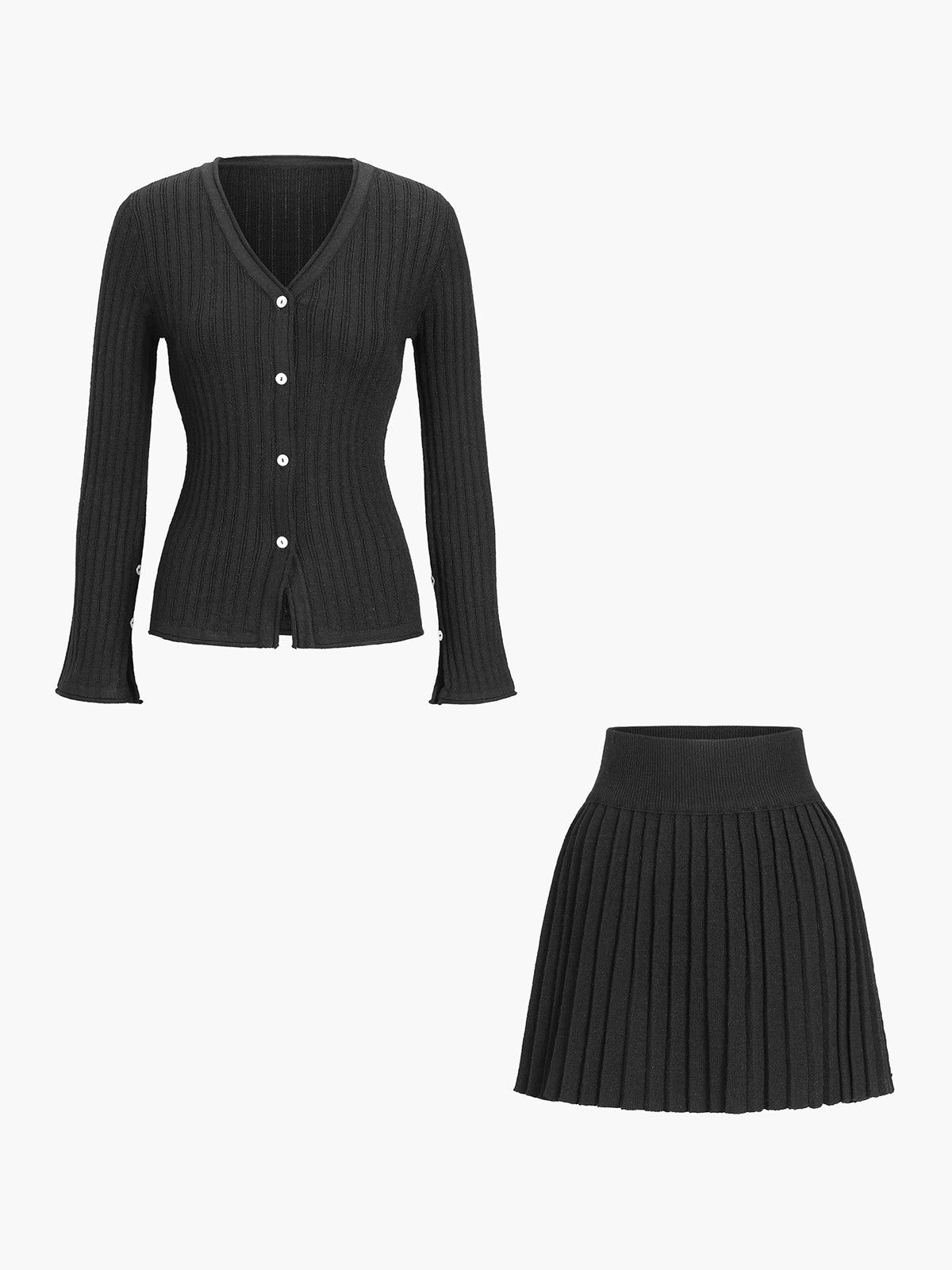 Women's Cashmere Blend Ribbed Knit Two-Piece Set – V Neck Button Front Cardigan and Pleated Mini Skirt for Smart Casual Wear