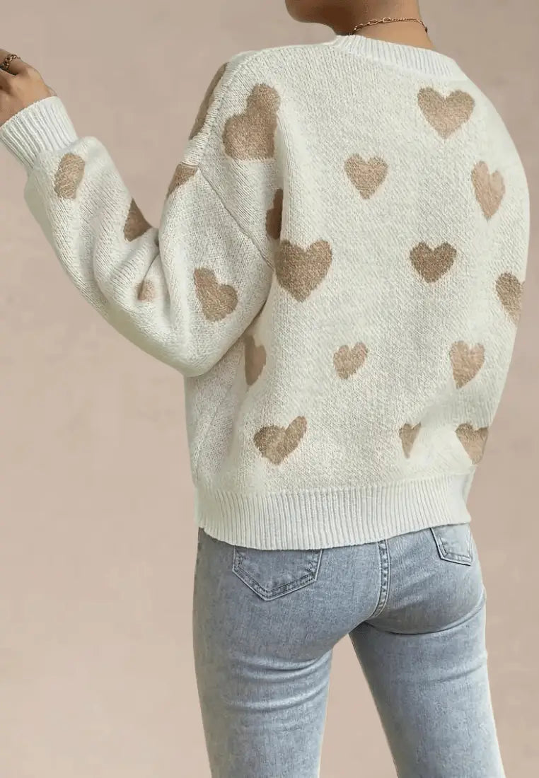 Women's Heart Pattern Knitted Sweater – Relaxed Crew Neck Long Sleeve Knitwear with Ribbed Trims for Autumn and Winter