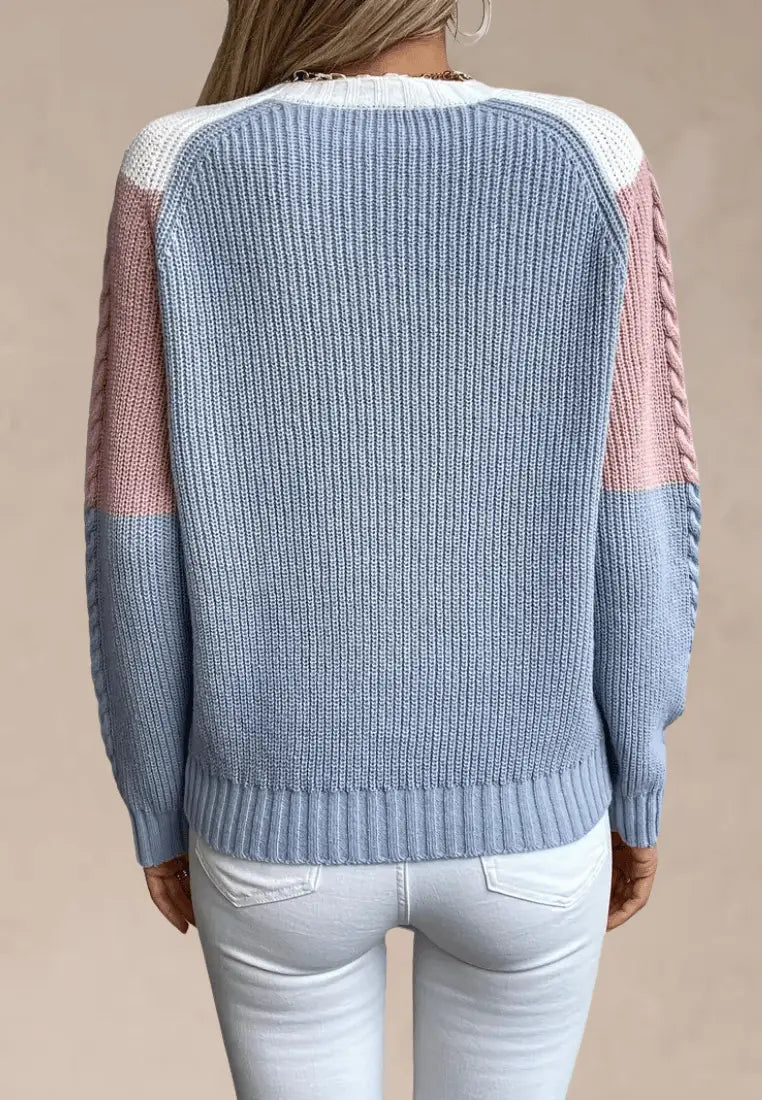 Women's Colourblock Cable Knit Sweater – Textured Crew Neck Long Sleeve Pullover for Autumn and Winter