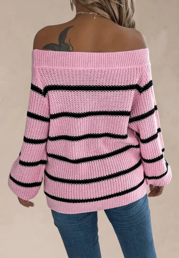 Women's Striped Off-the-Shoulder Knitted Sweater – Relaxed Long Sleeve Bardot Neckline Knitwear for Casual Autumn and Winter Outfits