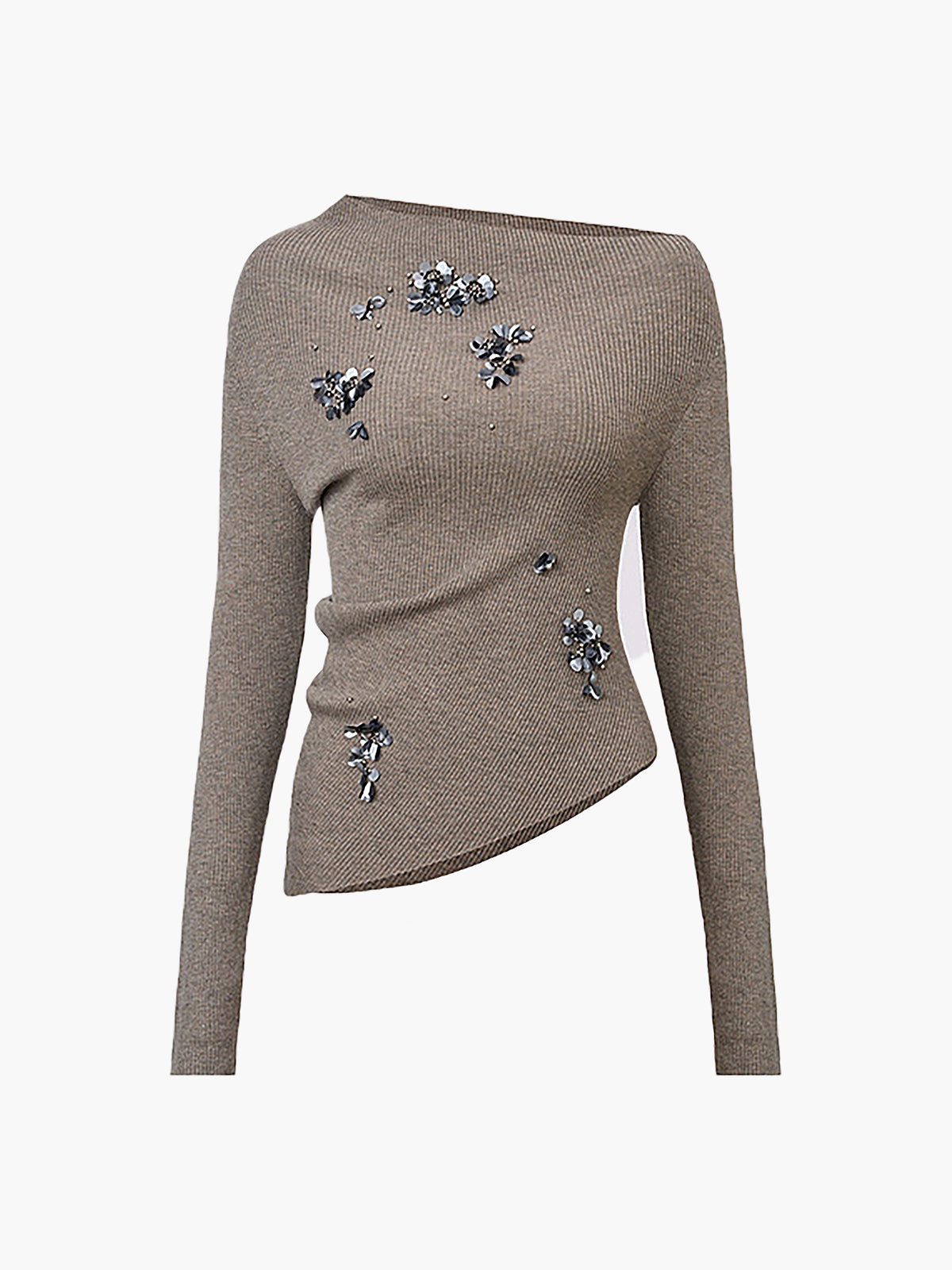 Women's Sequin Embellished Ribbed Knit Skirt Set – Asymmetric Long Sleeve Top and Draped Maxi Skirt for Evening Wear