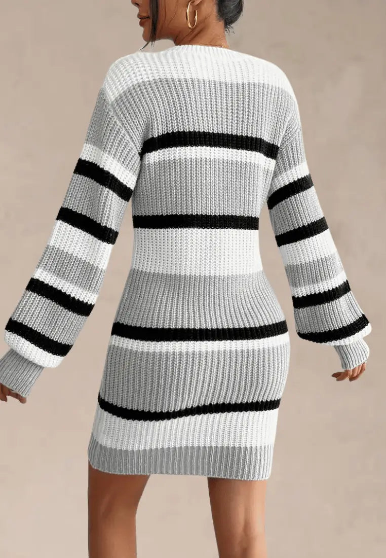 Women's Fitted Ribbed Knit Mini Sweater Dress – Long Sleeve Crew Neck Bodycon Sweater Dress for Autumn and Winter