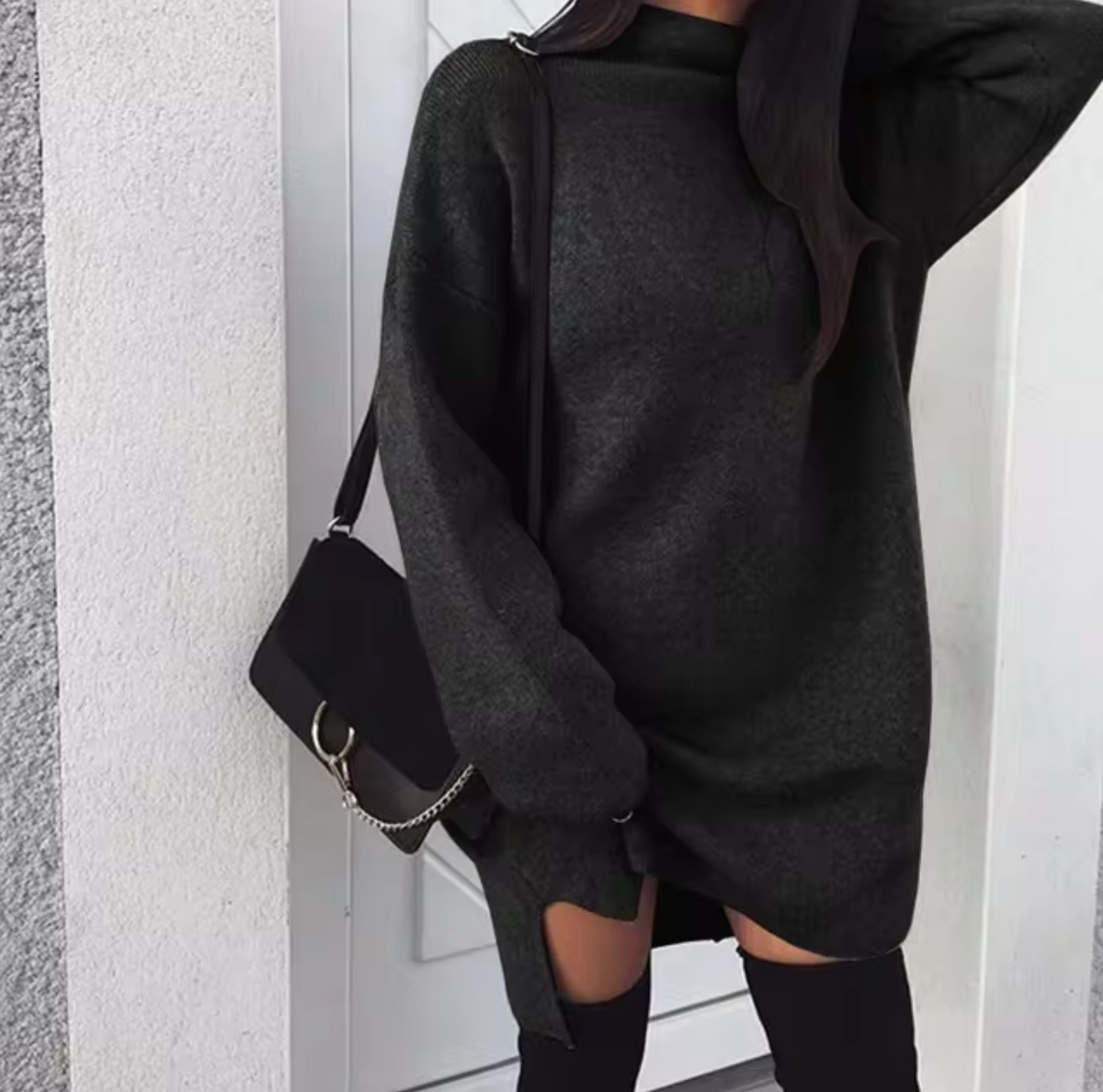Women's Wool and Cashmere Blend Oversized Sweater Dress – Soft Long Sleeve High Neck Knitted Mini Dress for Autumn and Winter