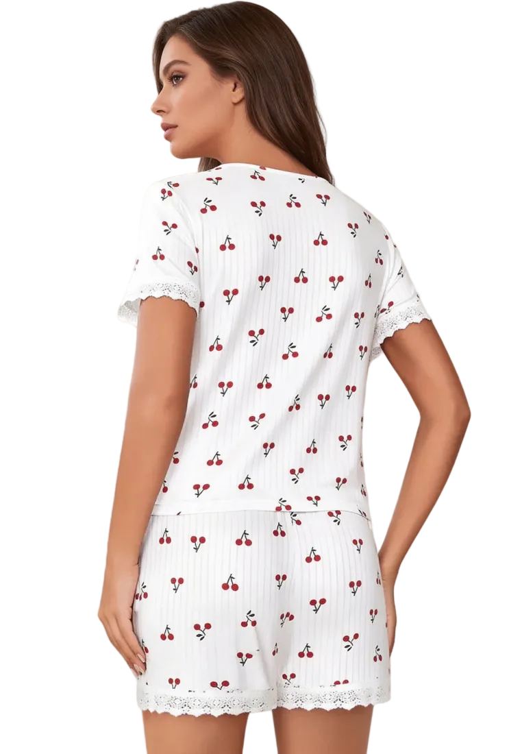 Women's Printed Lace Trim Two-Piece Pyjama Set – Short Sleeve Button Front Top and Matching Shorts for Comfortable Summer Sleepwear