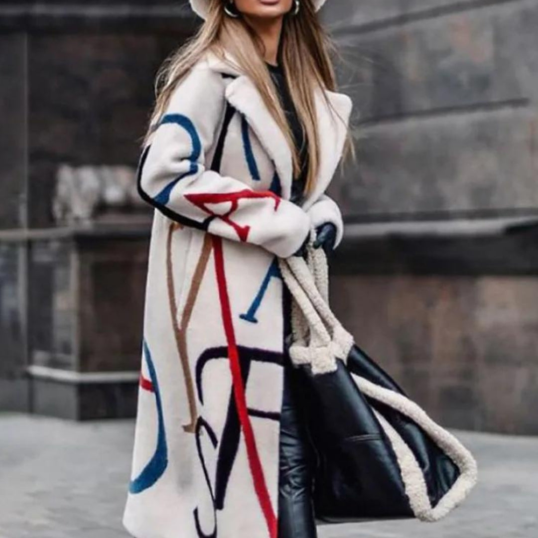 Women's Elegant Longline Winter Coat with Statement Printed Design and Wide Notched Lapels – Relaxed Fit Long Sleeve Overcoat for Sophisticated Autumn and Winter Streetwear and Smart Casual City Outfits
