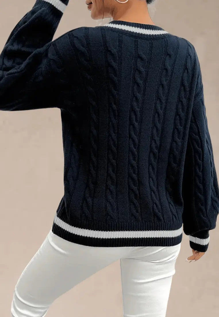 Women's Classic Cable Knit V-Neck Sweater with Contrast Ribbed Trim and Relaxed Fit – Soft Long Sleeve Knitted Pullover for Smart Casual Autumn and Winter Everyday Wear