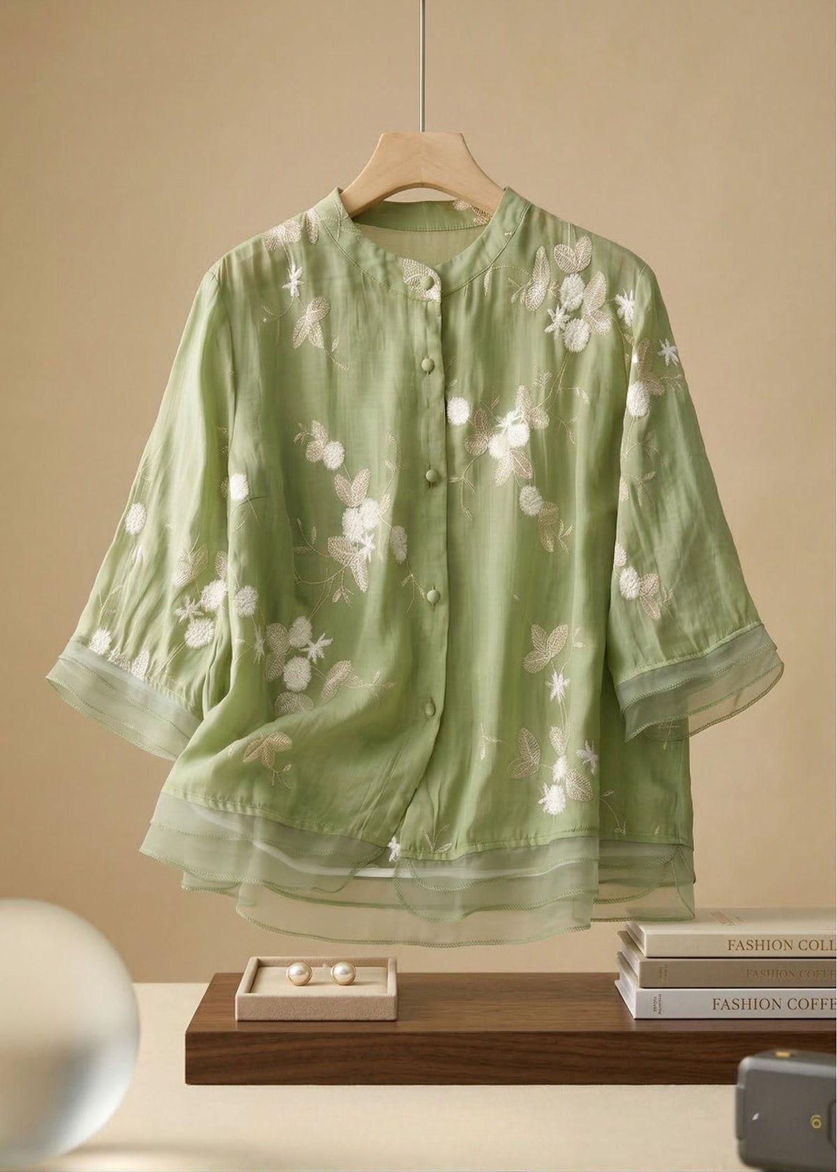 Women's Elegant Cotton Linen Blouse with Layered Organza Hem – Lightweight Printed Button Front Top for Spring and Summer Casual Wear