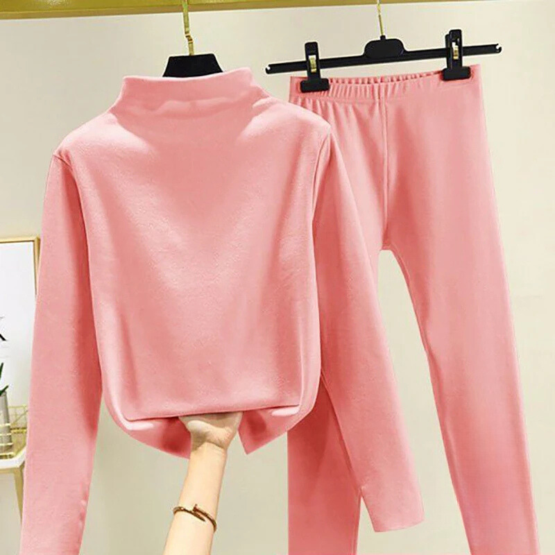 Women's Fleece High-Neck Top and Trousers Set – Soft Relaxed Two-Piece Outfit for Autumn and Winter