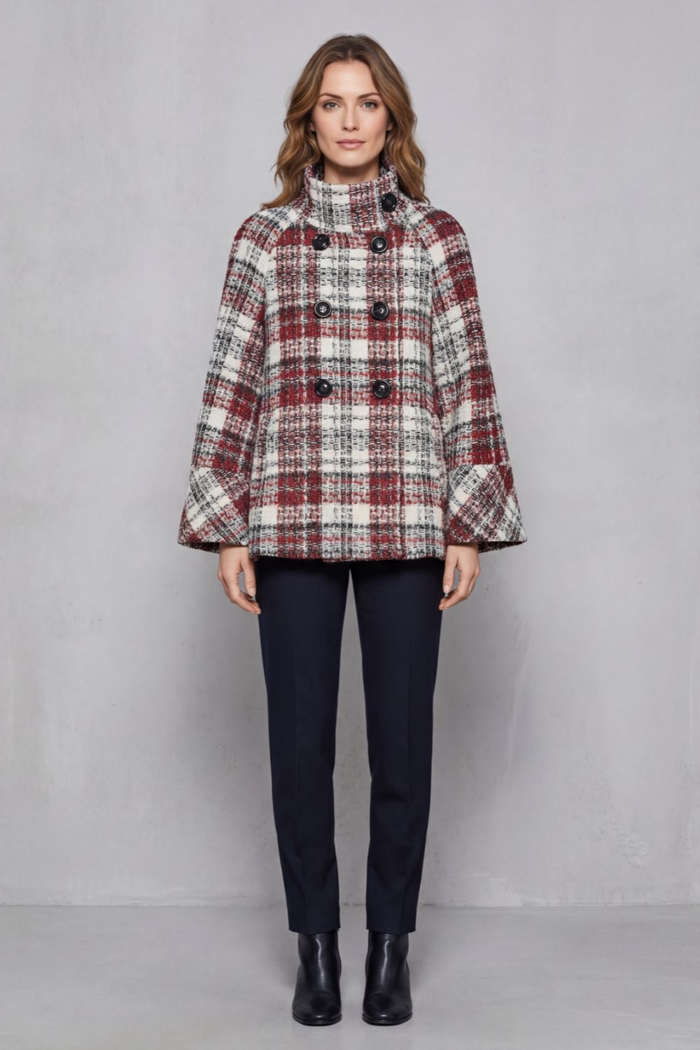 Women’s Check Double-Breasted Funnel Neck Coat