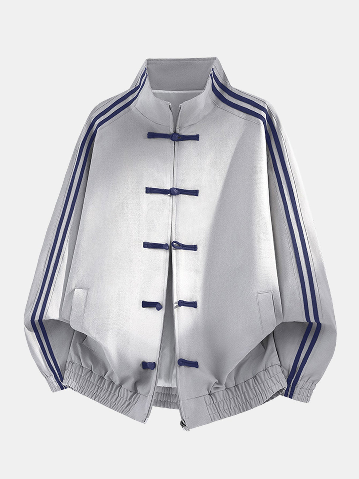 Men's Chinese-Inspired Track Jacket – Relaxed Stand Collar with Frog Button Detailing and Striped Sleeves for Casual Streetwear