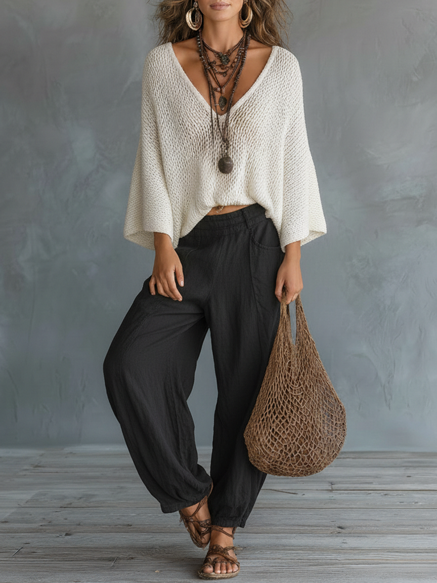 Paia - Minimalist Lightweight Cape-sleeved Sweater And Harem Pants Set