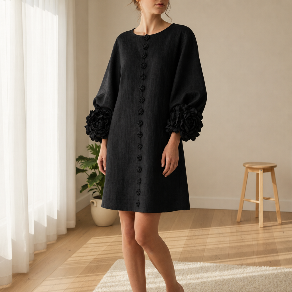 Marvao Rosette Cuff Linen Dress