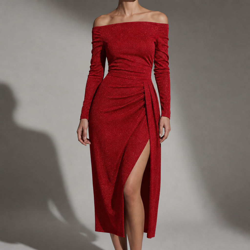 Pisa Ruched Slit Midi Dress