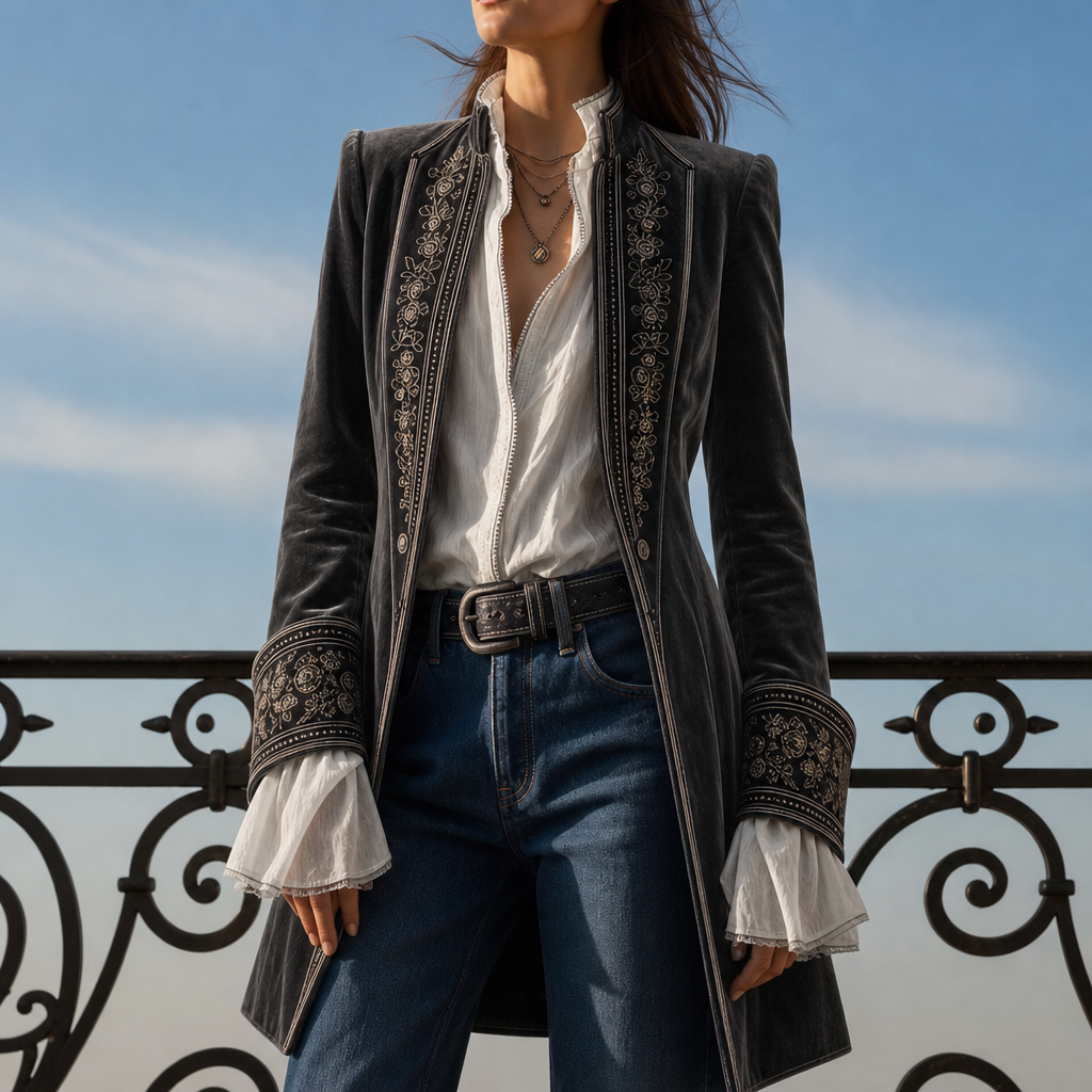 Coimbra Embroidered Velvet Long Jacket